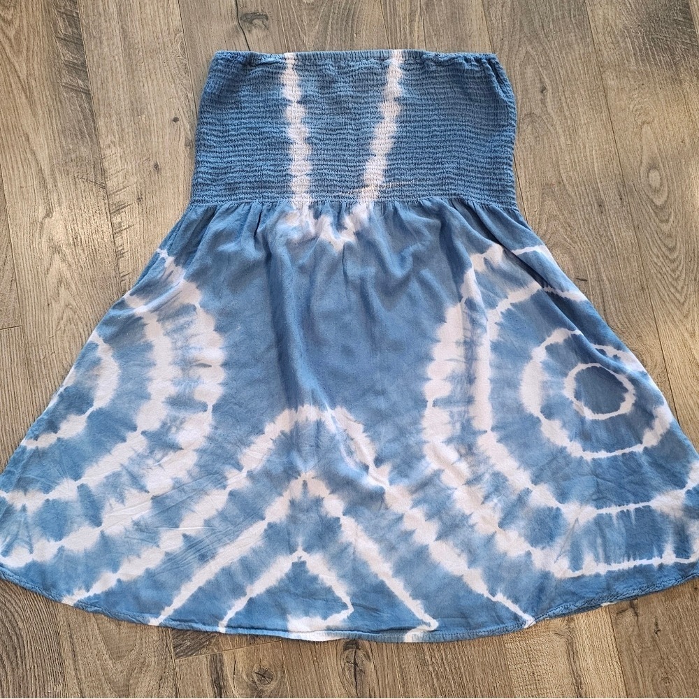 Women's‎ 1X Blue White Tie-Dye Dress Strapless Smocking Beachy Hippie Vacation
